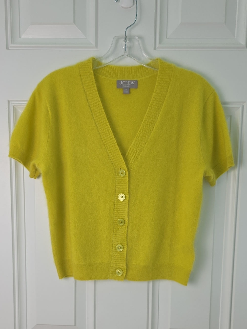 J. Crew Bright Yellow Cashmere Short-Sleeve V-Neck Button Cardigan. Size XS
